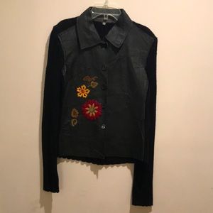 Embroidered faux leather cardigan sweater. Size medium.